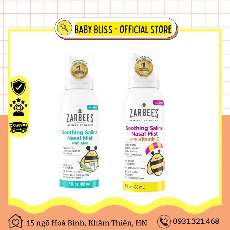 Xịt mũi Zarbee's Naturals Soothing Saline Nasal Mist with Aloe (88ml)