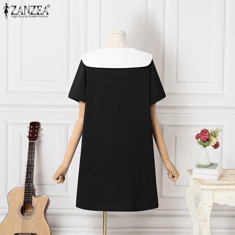 Đầm tay ngắn Zanzea phối màu tương phản phong cách Hàn Quốc thời trang cho nữ