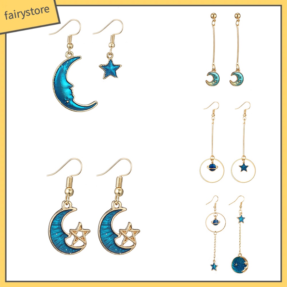 Bông tai dáng dài hình mặt trời/mặt trăng và ngôi sao độc đáo cho nữ