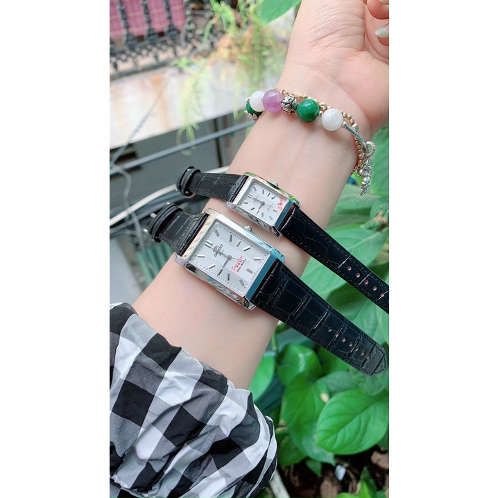 Đồng Hồ Cặp Đôi Nam Nữ Orient Dây Da Mặt Chữ Nhật , Kính sapphire Size Nam 30 x 34, size nữ 20x24