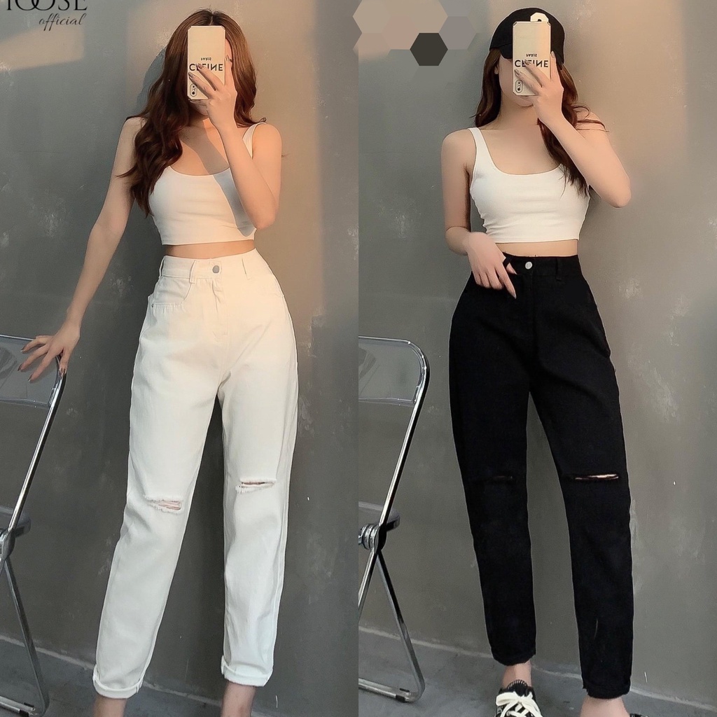 Quần baggy rách gối chất đẹp hai màu trắng đen Km6809
