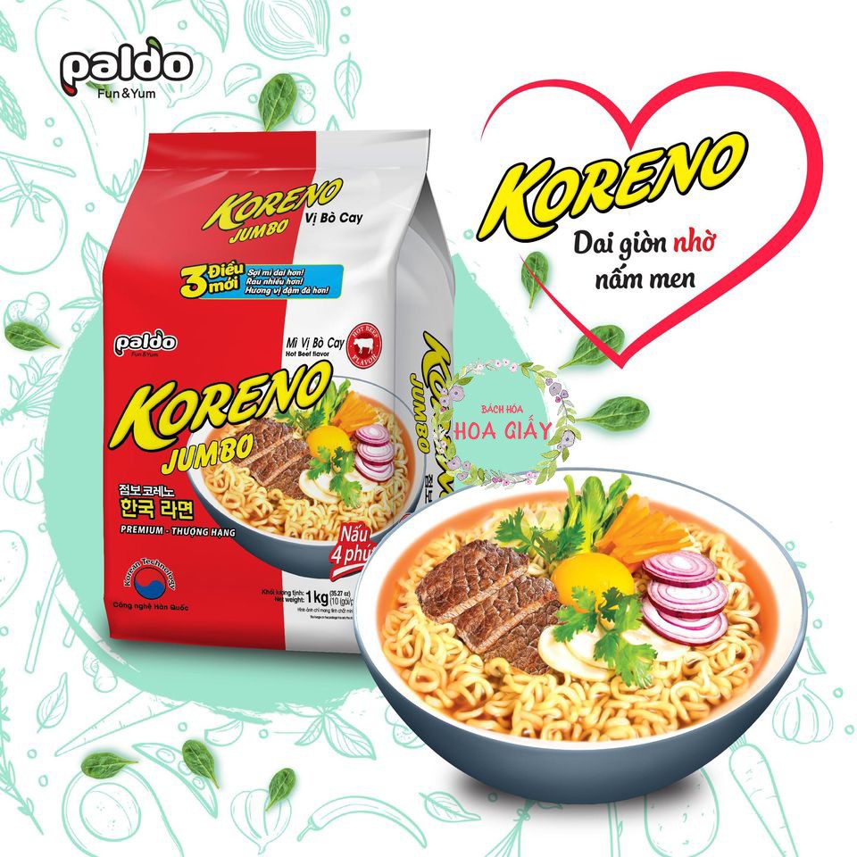 Mì Ăn Liền Koreno Jumbo Hàn Quốc 1Kg Vị Bò Cay - Bịch 10 Gói mì cay cấp độ sợi to dai nhiều vị kim chi, nấm chay sale rẻ