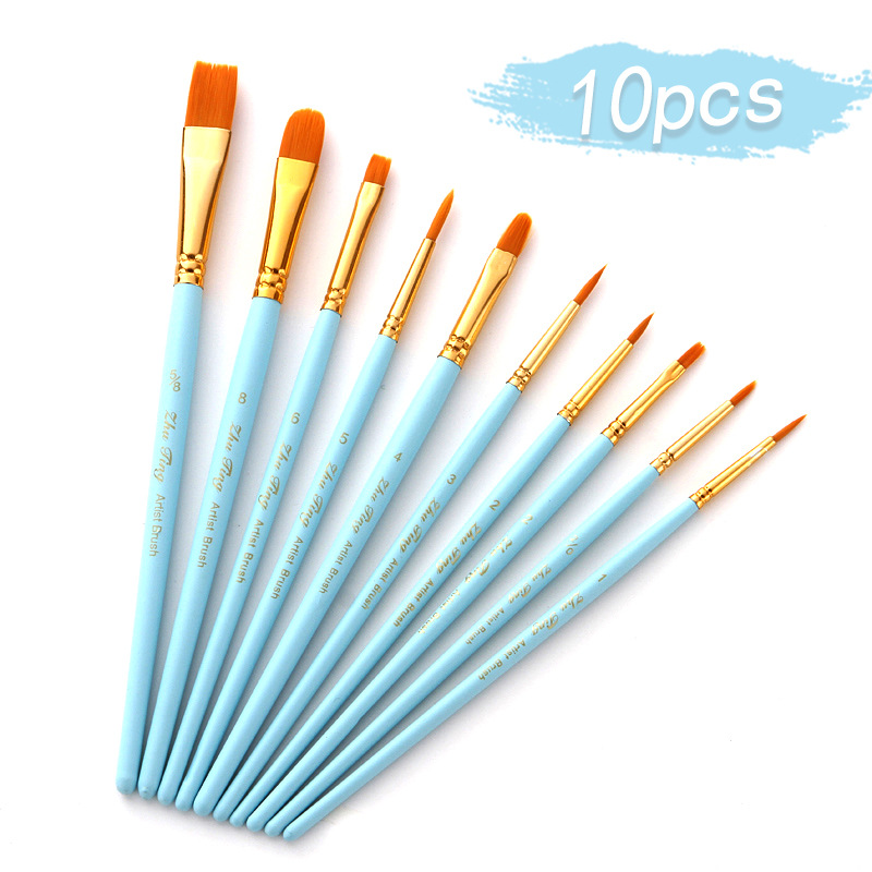 Artist Nylon Paint Brush 10 pcs Professional Watercolor Acrylic Wooden Handle Painting Brushes Art Stationery