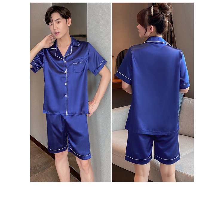 Bộ Đồ Ngủ Vải Lụa Satin Tay Ngắn Plus Size M-5XL Thời Trang Hàn Quốc Cho Nam Và Nữ