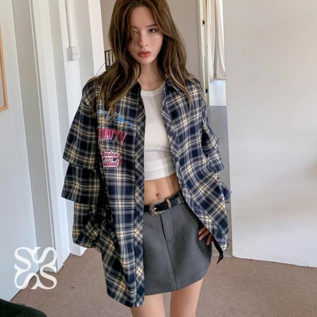 White Deer / Lin Yun / Zhao Lusi Áo Khoác Sơ Mi Tay Dài Kẻ Sọc In Hoa Phong Cách Somesow Cho Nữ