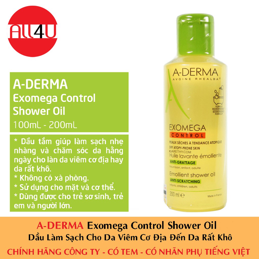 [CHÍNH HÃNG CÓ TEM] A-DERMA Exomega Control Shower Oil - Dầu Làm Sạch Cho Da Viêm Cơ Địa Đến Da Rất Khô