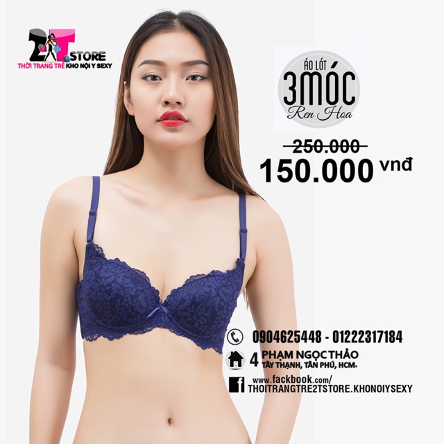 Áo Nâng Ngực Cotton 3 Móc Phối Ren (Xanh Dương)