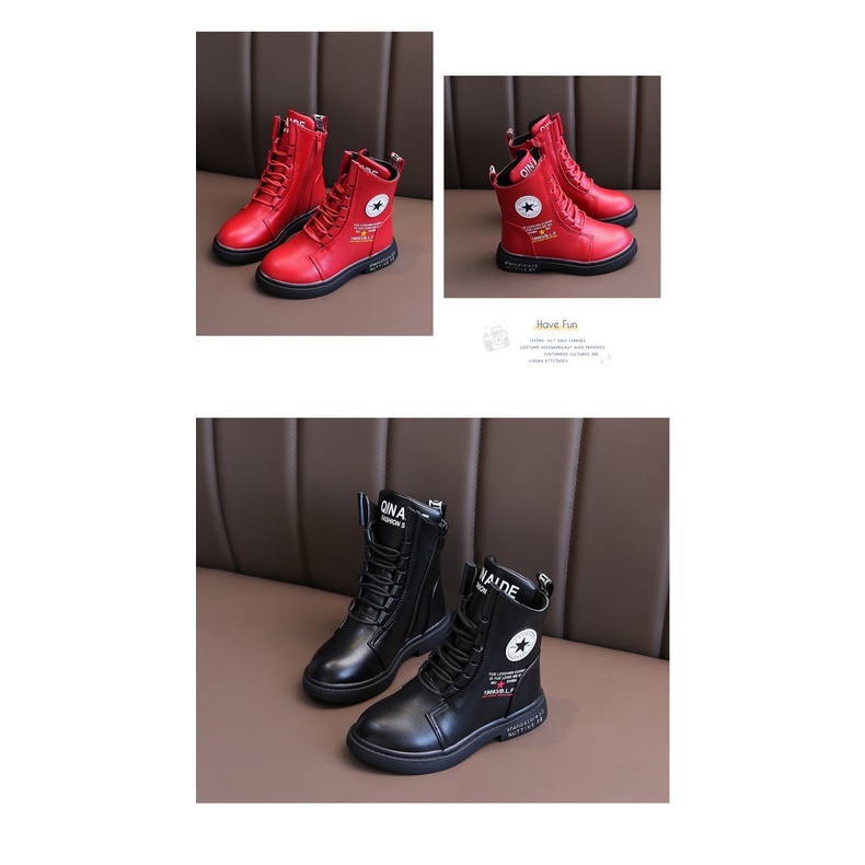 Giày trẻ em cổ cao da mềm êm chân bé trai bé gái sành điệu size 27-38 màu Đen Đỏ Bốt cho bé gái bé trai thời trang 2022