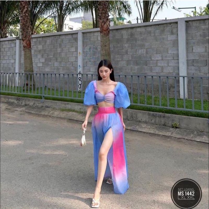 SET ÁO TAY PHỒNG PHỐI VÁY LOANG MÀU BIGSIZE ĐI BIỂN