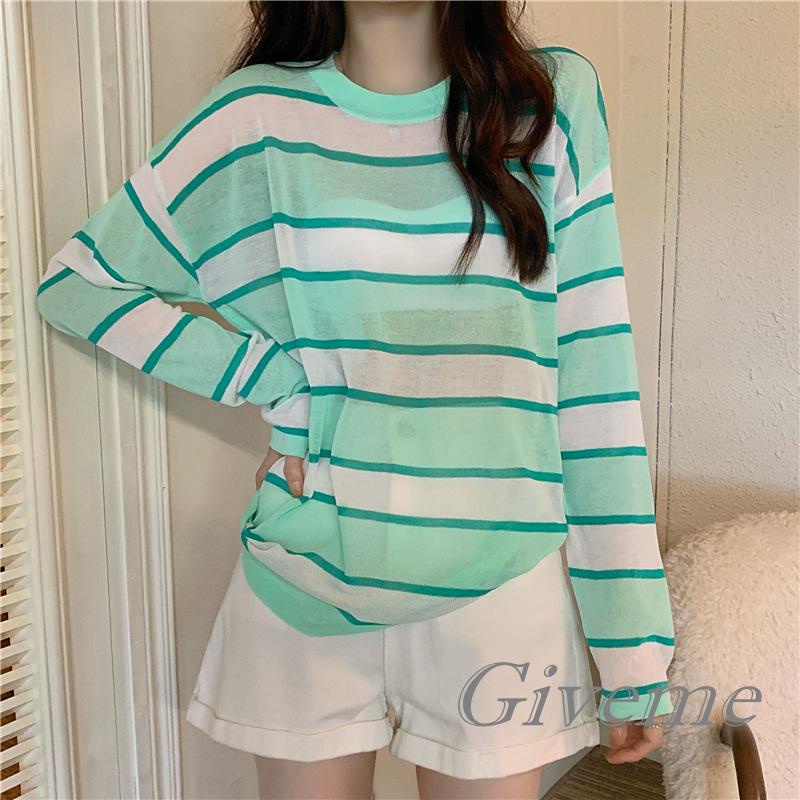 Áo Thun Nữ Dài Tay Cổ Tròn Xuyên Thấu Màu Xanh Dương / Xanh Lá / Hồng / Vàng