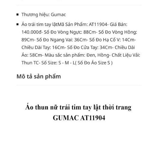 Áo Thun Nữ Gumac Cổ Tim Tay Lật Size S
