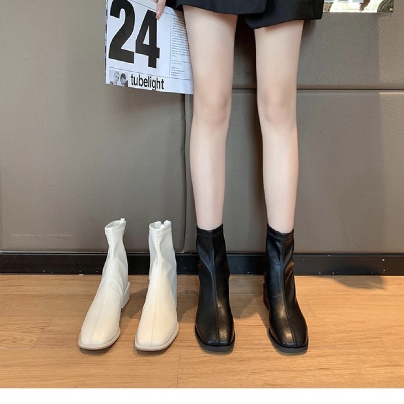Boots cổ ngắn da mềm gót vuông cao 5cm có khoá kéo