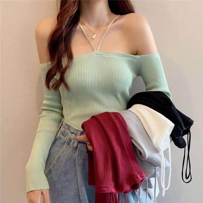 Áo len dây chéo cổ hở vai hàng QC