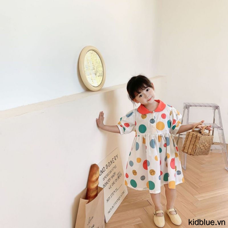 Đầm tay ngắn kiểu phồng dài ngang gối họa tiết chấm bi nhiều màu ngọt ngào cho bé gái