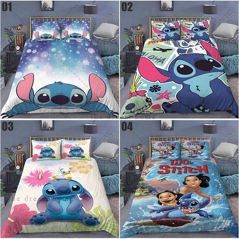 Bộ Ga Trải Giường Và Vỏ Gối 3 Trong 1 In Hình STITCH Đáng Yêu