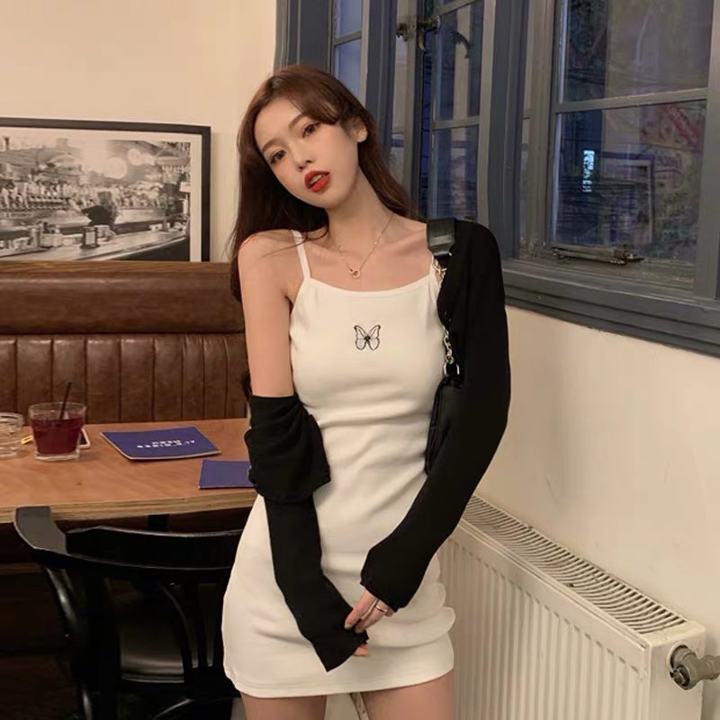 Váy 2 dây trắng bướm thun gân body ôm quyến rũ hàn quốc ulzzang | BigBuy360 - bigbuy360.vn