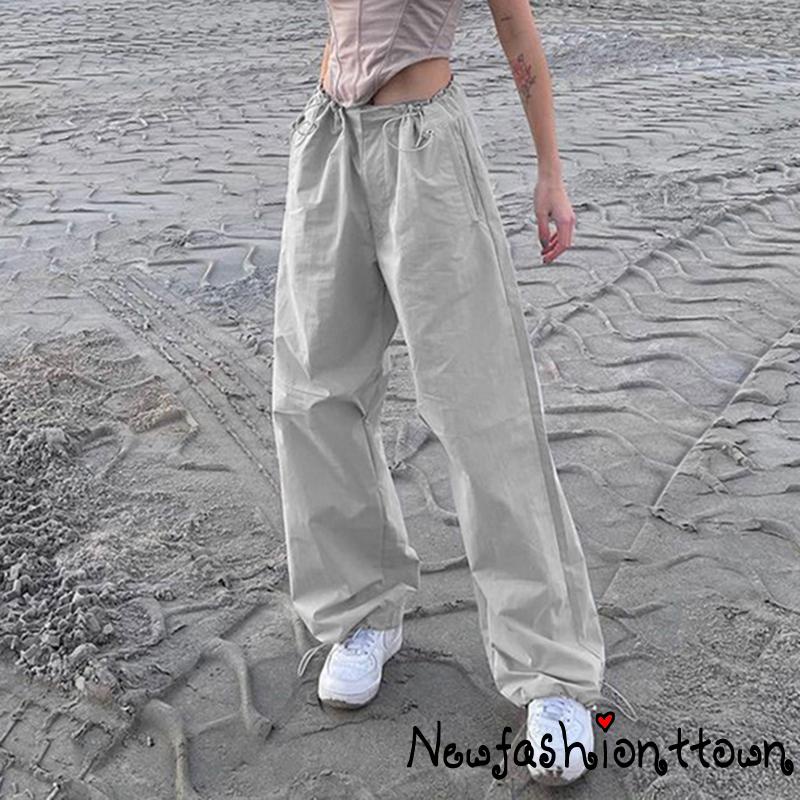 Nfashion-y2k Quần Dây Rút Lưng Vừa Màu Trơn Thư Giãn Có Túi Dành Cho Nữ