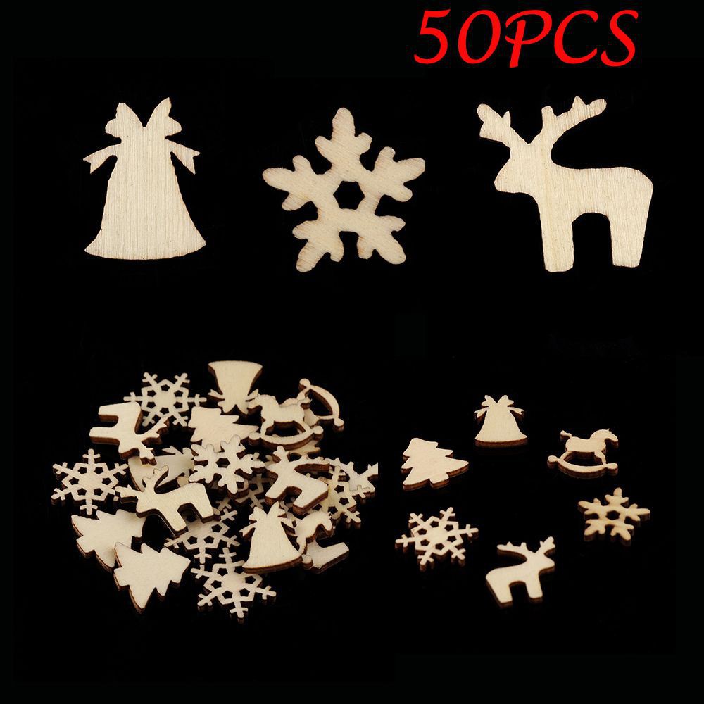 50Pcs Reindeer Snowflakes Natural Wood Xmas Tree Decorative Christmas