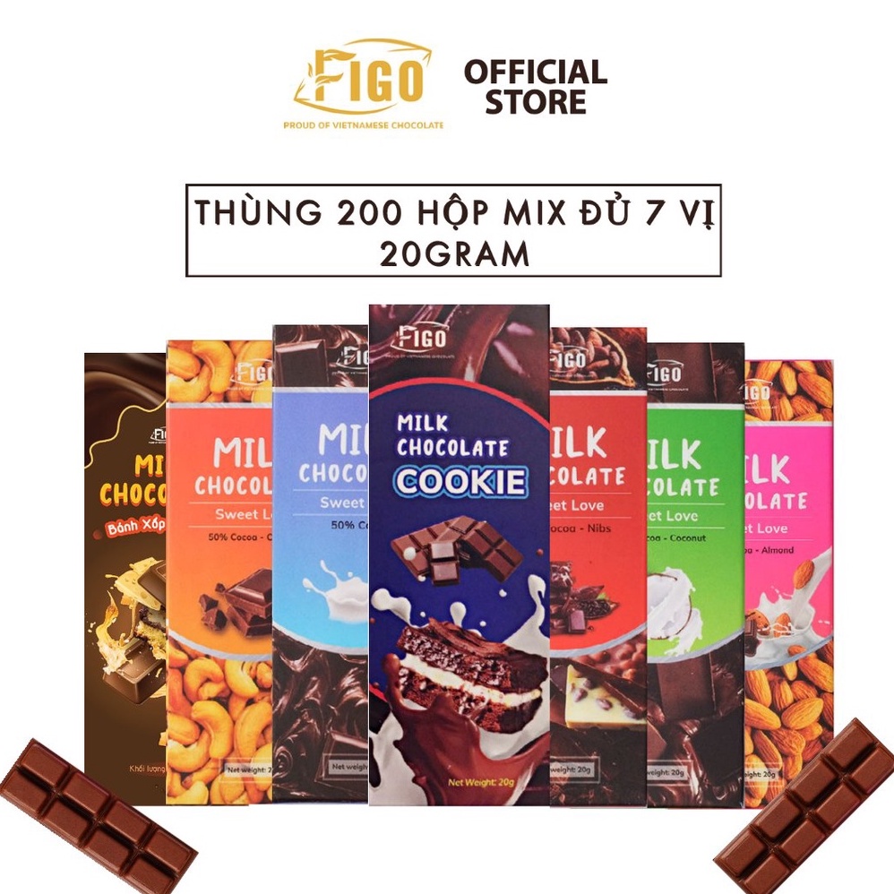 [GIÁ TỐT| 200 HỘP MIX ĐỦ 7 VỊ 20G] Chocolate 50% Cacao| Kẹo socola sữa đủ 7 vị Hạnh nhân Hạt điều Dừa Nho Phô mai FIGO