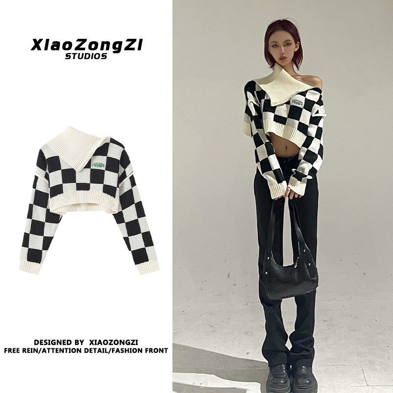 Áo Sweater Dệt Kim Trễ Vai Dáng Rộng Ngắn Hở Vai Họa Tiết Sọc Ca Rô Trắng Đen Thời Trang Hàn Quốc 2022 Cho Nữ