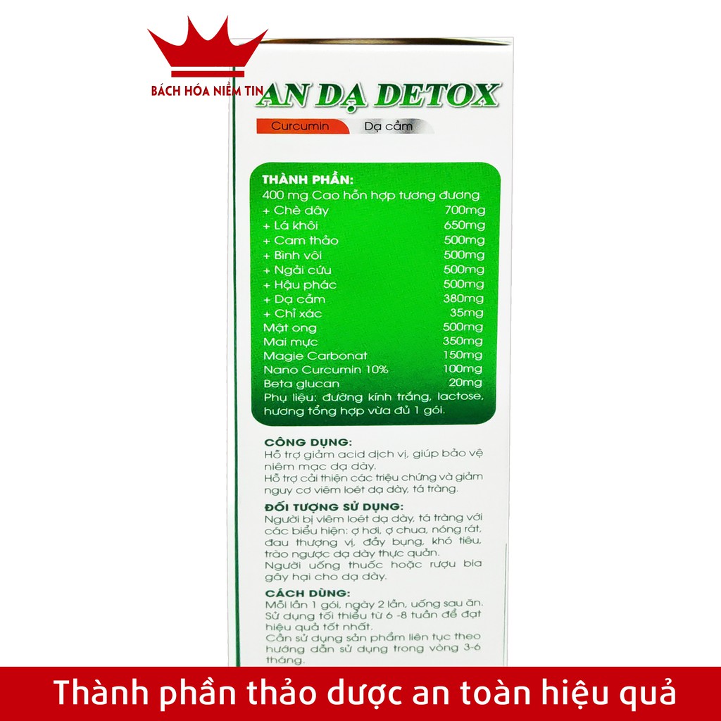 Hộp 20 gói giảm đau dạ dày An Dạ Detox - thành phần curcumin, chè dây, bình vôi,thảo dược quý an toàn hiệu quả
