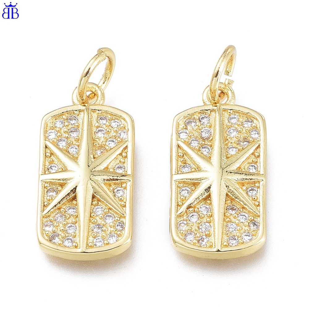 Lá bùa bằng đồng hình chữ nhật mạ vàng 18K siêu bền đính đá Zirconia và vòng đeo 14x8x2mm