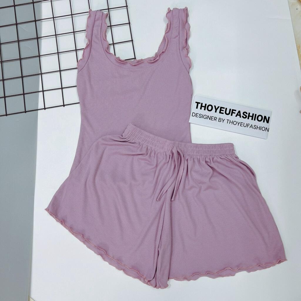 Bộ ngủ ba lỗ viền bèo thun tăm, Sét đồ ngủ sexxy co giãn chất tăm mát lạnh BNVB0023 - Thoyeufashion