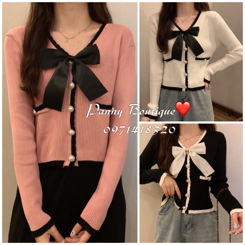 Áo cardigan len tăm nút ngọc cổ nơ, style ulzzang Hàn Quốc🌻 Panny Boutique 🌻