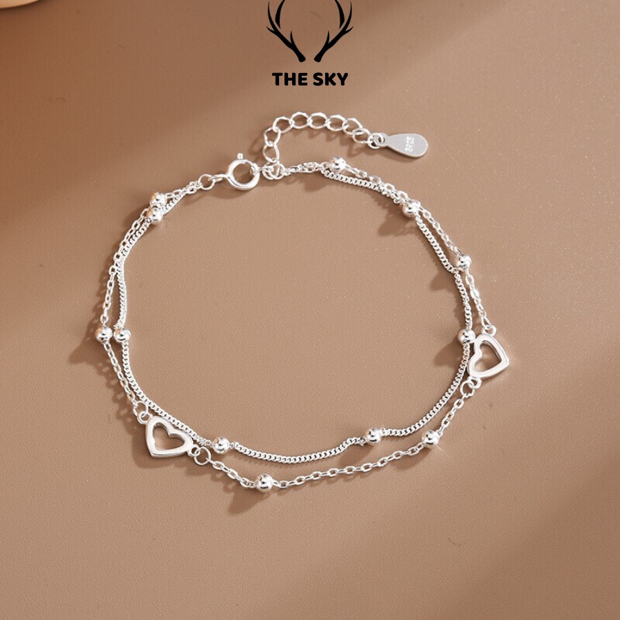 Vòng Tay Bạc Nữ THE SKY VT1022 Hai Dây Sợi Mảnh Kèm Mặt Hình Trái Tim