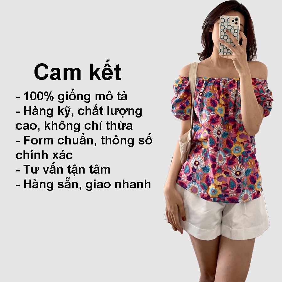 Áo trễ vai nữ bánh bèo tay ngắn Gorogi, áo hở vai tay phồng, áo bẹt vai hoa nhí chất thô dày mát
