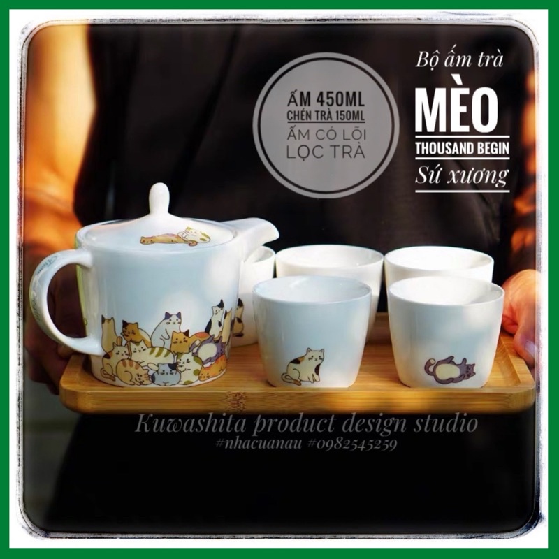 Bộ ấm chén trà họa tiết Mèo thiết kế bởi nghệ nhân Nhật Bản làm thủ công và vẽ tay hợp làm quà Tân Gia sắm về nhà mới