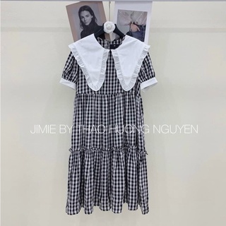 Đầm bầu babydoll sọc caro phối cổ sen