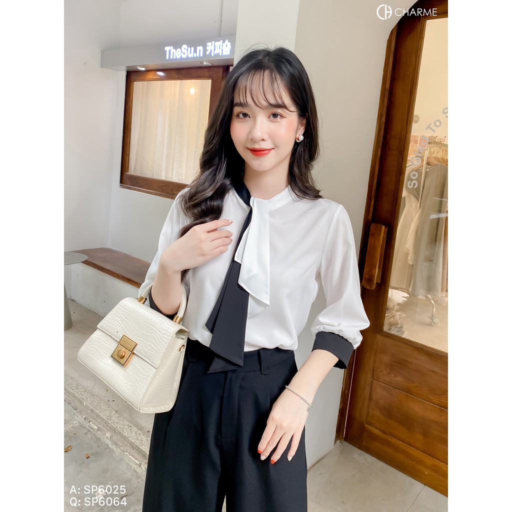 Áo sơ mi nữ tay lỡ phối cổ cách điệu 2 màu thiết kế Charme 6025