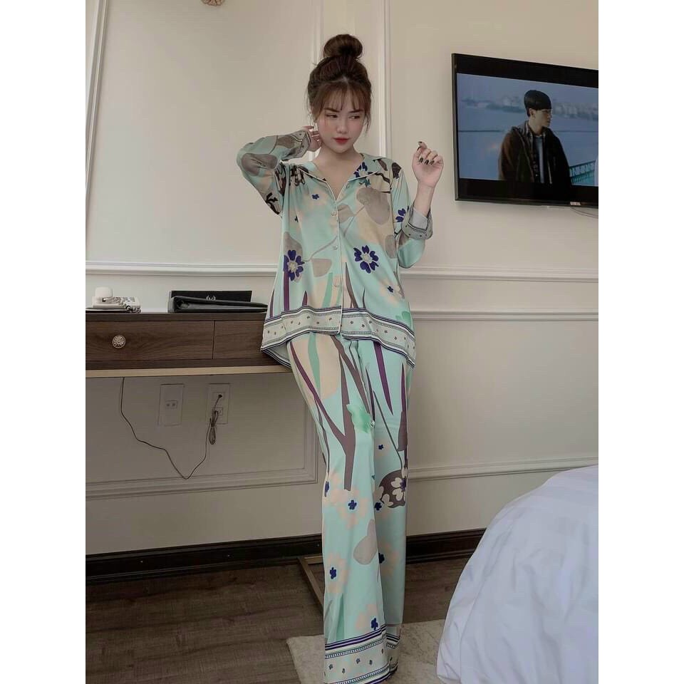 Bộ đồ ngủ mặc nhà LyLy dài tay lụa satin kiểu pijama hoạt tiết sang trọng L208 | BigBuy360 - bigbuy360.vn