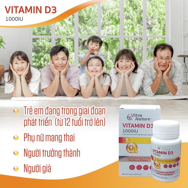 Vitamin D3 1000IU Ultra Nature - Giúp chắc khỏe xương, Tăng cường miễn dịch thêm vitamin E, Dầu đậu nành - Hộp 30 viên