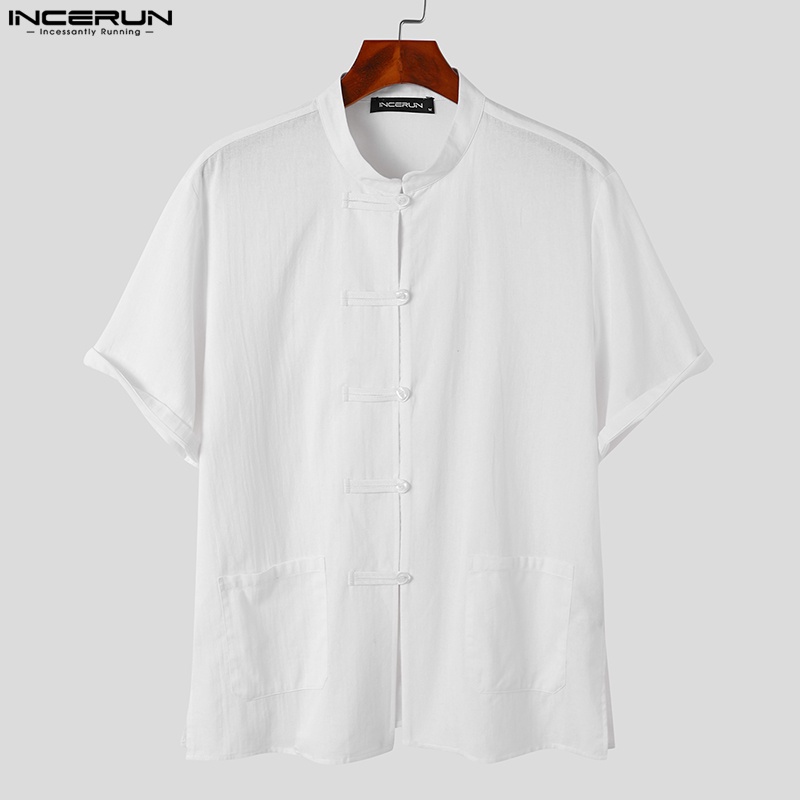 Áo sơ mi Incerun bằng cotton ngắn tay cổ đứng phối nút phong cách cổ trang Trung Hoa dành cho nam
