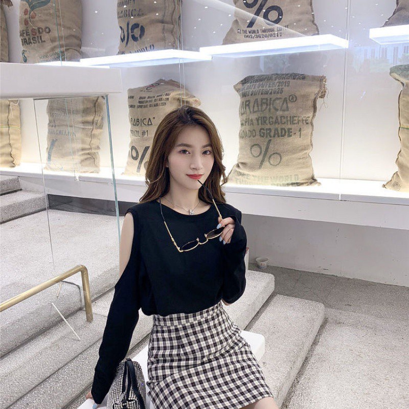 Sneaky Design College Style off-the-ShoulderTT-shirt Top High Waist Plaid Skirt Hip-Wrapped Temperament Fashion Two-Piece Set