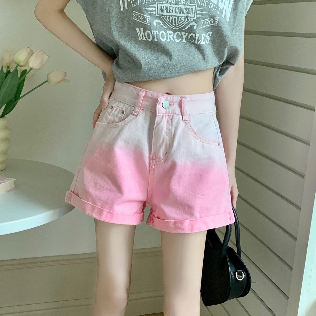 SUXI Quần Short Denim Ống Rộng Lưng Cao Màu Gradient Thời Trang Mùa Hè Dành Cho Nữ
