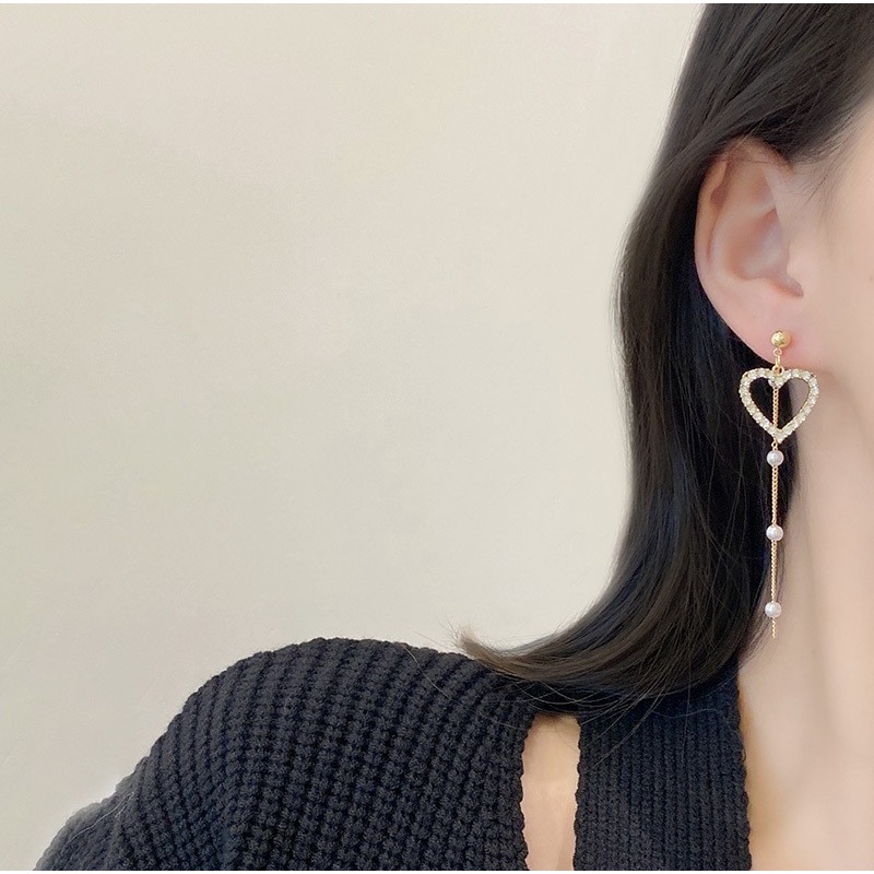 Bông Tai Mạ Bạc 925 Kiểu Tua Rua Hình Trái Tim Xinh Xắn Phong Cách Hàn Quốc
