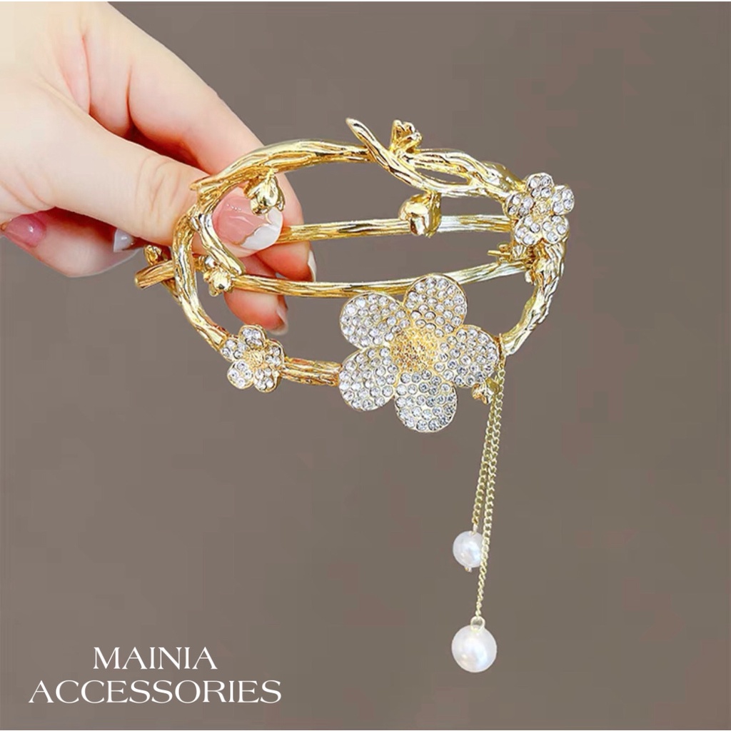 Kẹp Tóc Càng Cua Kim Loại Hàn Quốc (Hình Hoa Full Đá Dây Ngọc) Cho Bạn Gái Mẫu Mới Sang Chảnh Mainia Shop