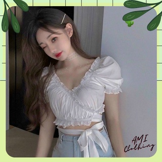 ÁO CROPTOP TAY NGẮN CỔ V PHỐI DÂY NƠ ĐAN CHÉO EO