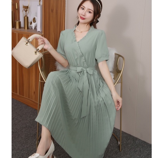 Đầm Midi Xếp Ly Cổ Chữ V Màu Trơn Đơn Giản Thời Trang Mùa Hè Phong Cách Hàn Quốc Dành Cho Nữ