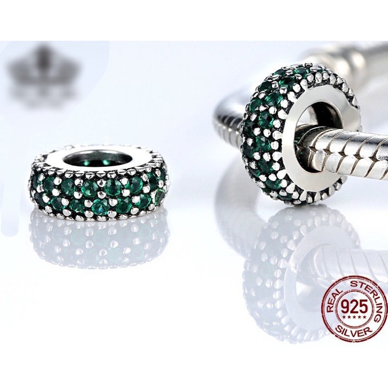 charm pan dẹt spacer đính đá xanh lục bạc s925 cao cấp