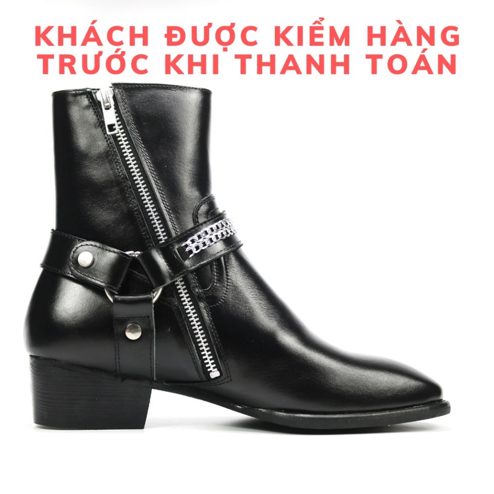 Giày thời trang nam cao cổ Harness boots da bò nguyên tấm đế gỗ tăng 4.5cm chiều cao