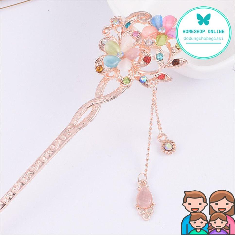 Trâm cài tóc cổ trang Trung Hoa phối bông hoa đính đá cổ điển tinh tế cho con gái hóa trang chị Hằng cô tiên