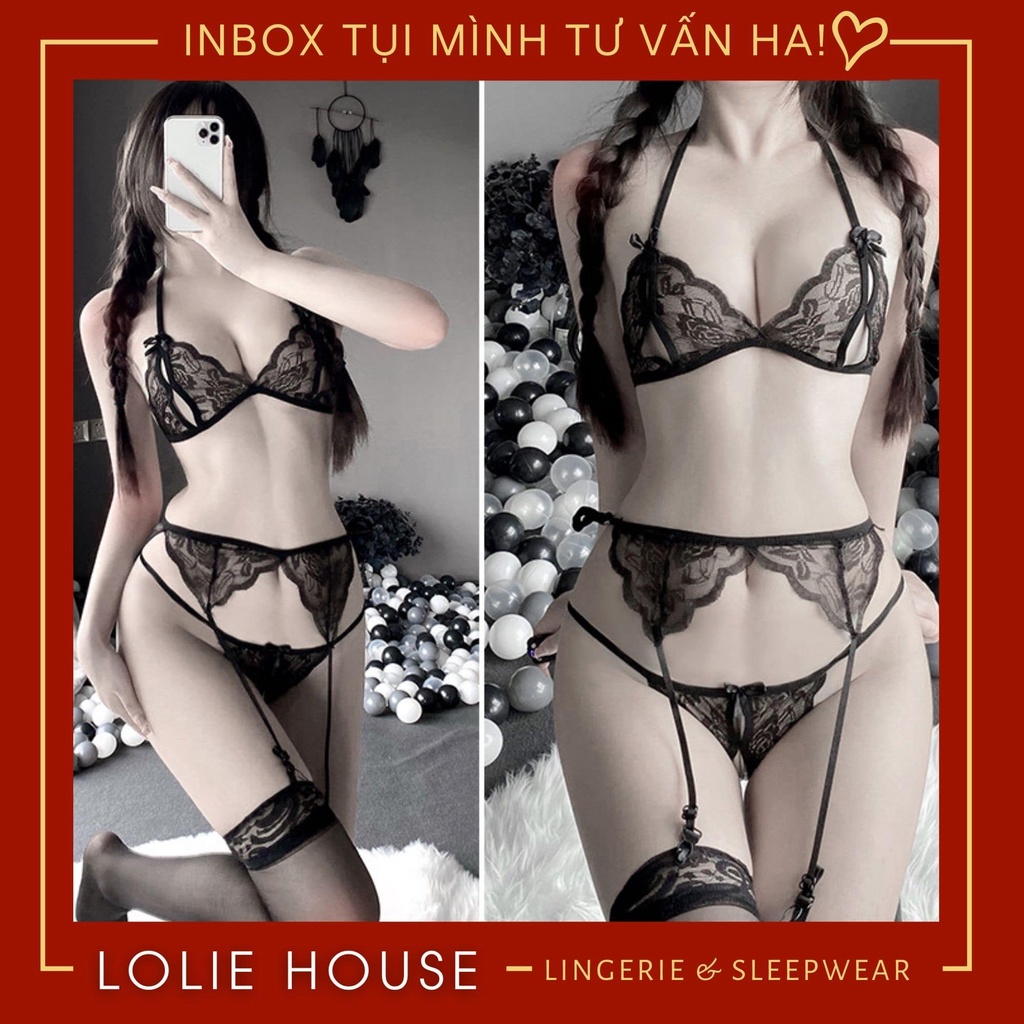 Bộ đồ lót ren sexy có kèm quần lót lọt khe xẻ đáy và kẹp tất gợi cảm cho nữ LOLIE HOUSE - SS2 | BigBuy360 - bigbuy360.vn