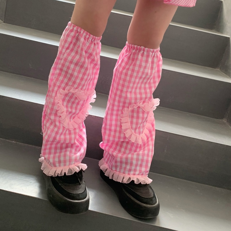 Xiangbao Vỏ Bọc Đầu Gối Dáng Rộng Phối Ren Mỏng Giữ Ấm Chân Họa Tiết Trái Tim Màu Hồng Kẻ Sọc Phong Cách Gothic Harajuku Ngọ