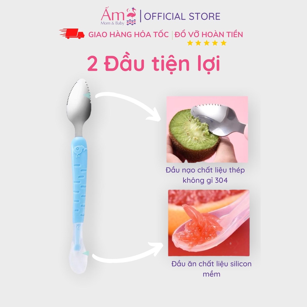 Thìa Tập Ăn Silicon Nạo Hoa Quả 2 Đầu Cho Bé Ấm Baby Nhỏ Gọn Tiện Dụng Ấm Gift Decor