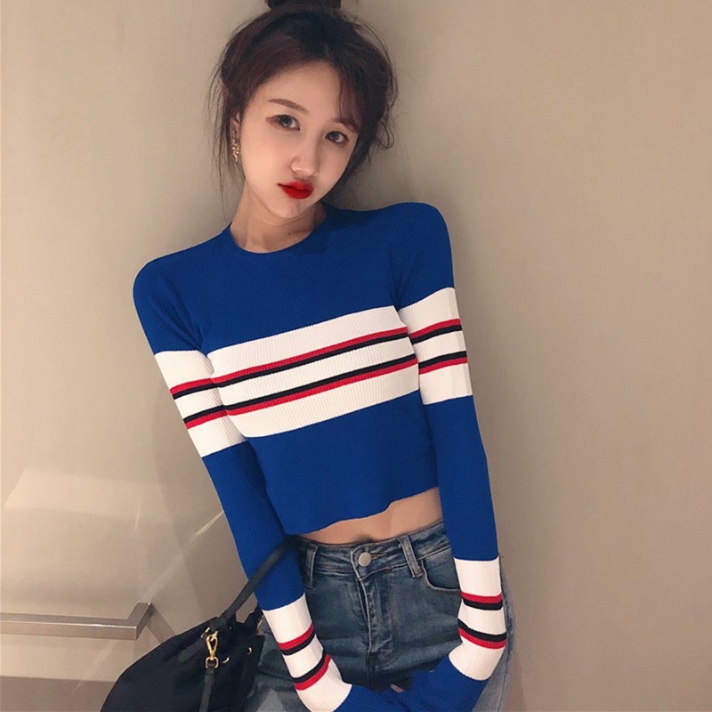 Áo Croptop dệt kim hoạ tiết kẻ sọc phong cách vintage