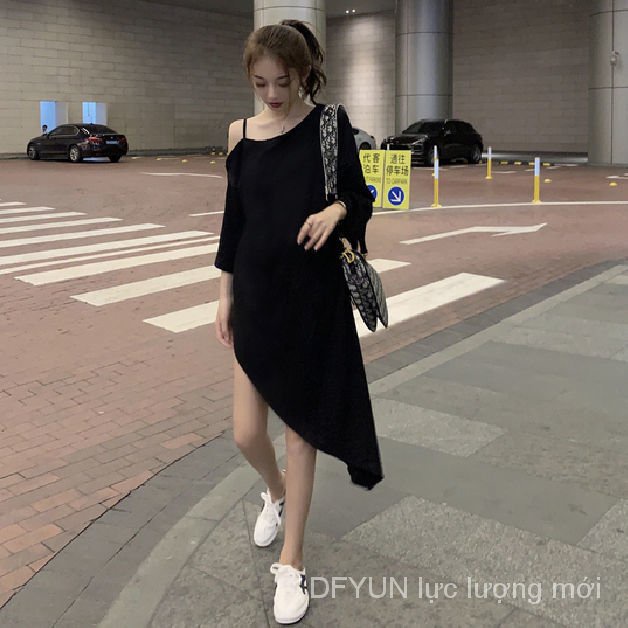 DFYUN Summer New Korean-Style Strap Off-the-Shoulder Irregular Loose-Fit Short-Sleeve TT-shirt Dress Women's